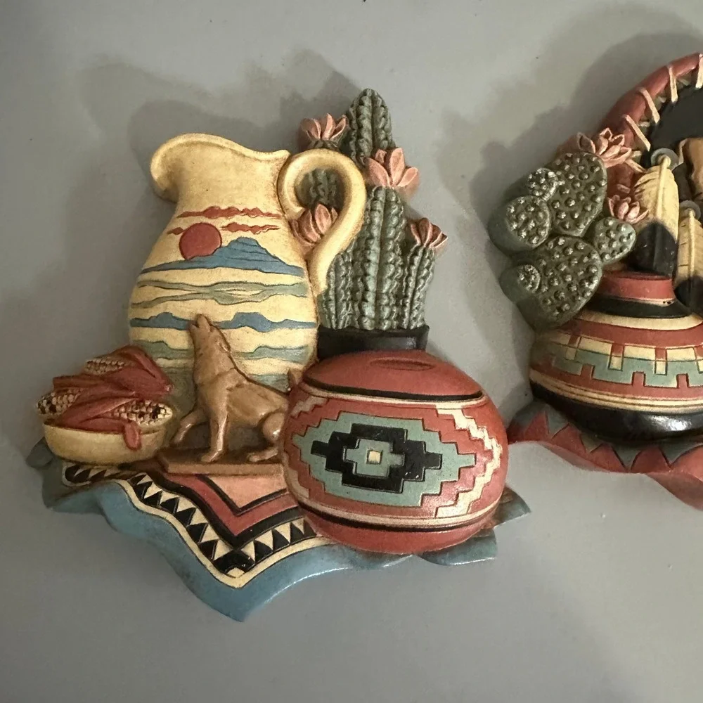 Vintage 1997 GIA Inc Southwest Wall Plaques Set Coyote Buffalo Cactus Decor 2pc